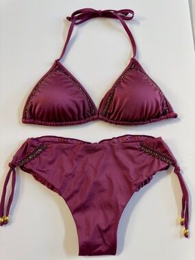 Plum Embellished Triangle Bikini Set